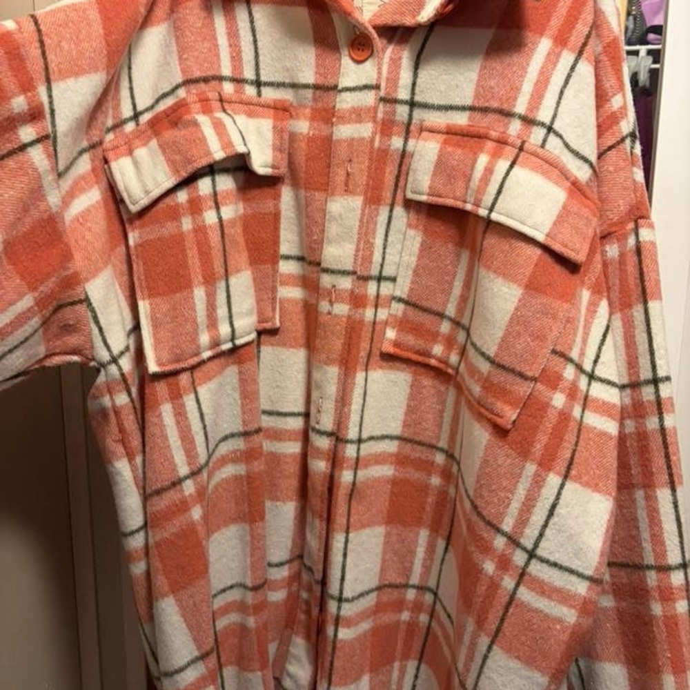 Orange and White Plaid Button-Up Shirt